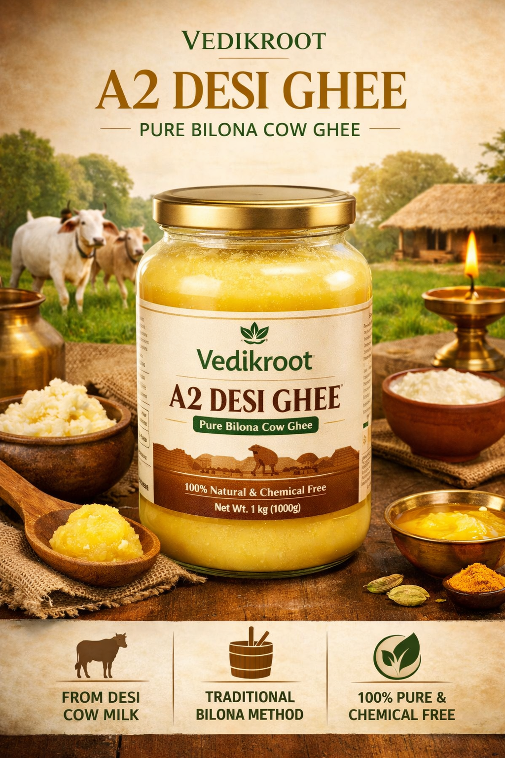 Vedik Root A2 Desi Ghee 1kg Jar | Pure Bilona Cow Ghee from Desi Cow Milk | Traditional Bilona Method | 100% Natural Chemical Free Ghee | Premium Glass Jar Packaging