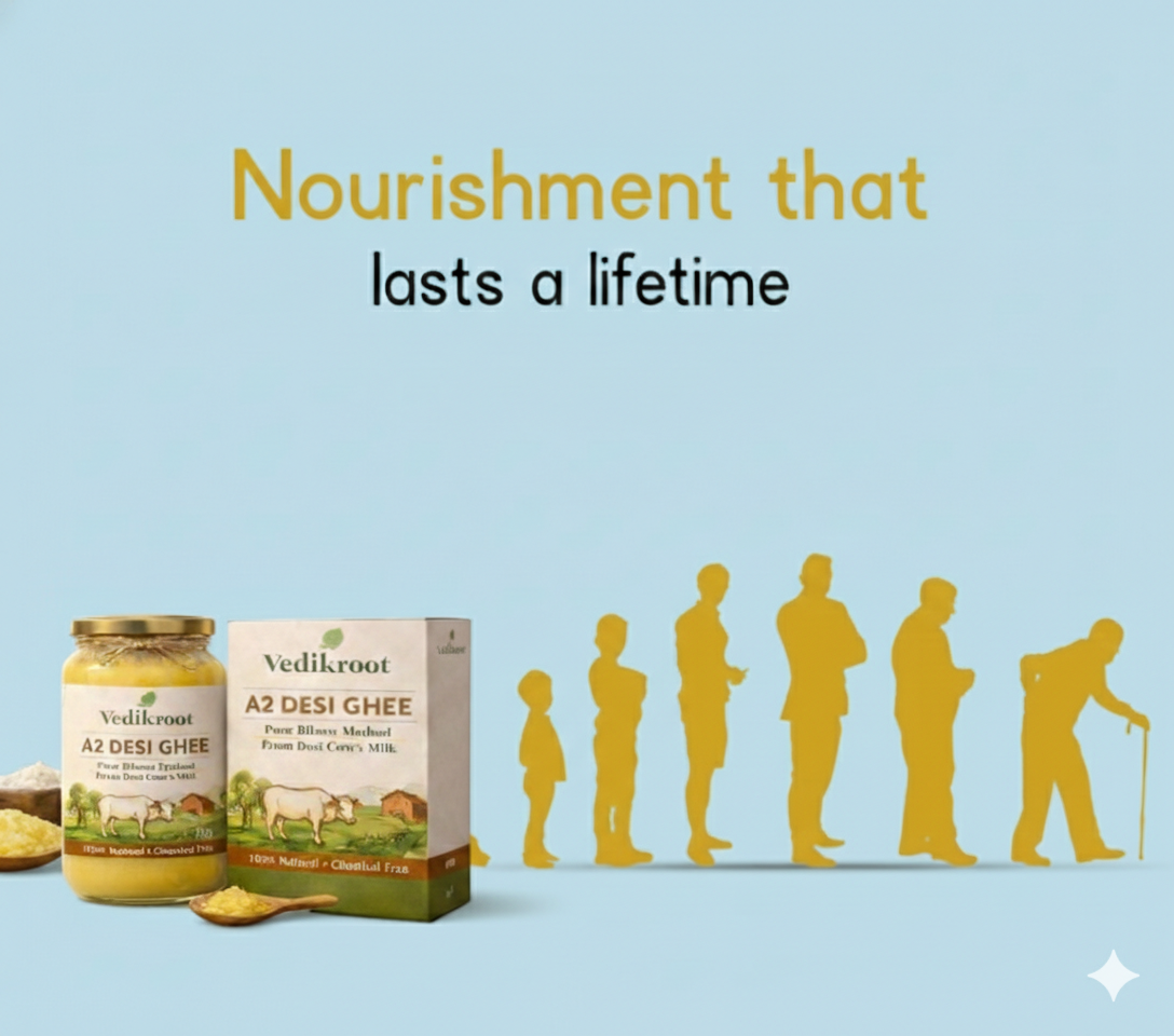 Vedik Root -3 A2 Desi Ghee 1kg Jar | Pure Bilona Cow Ghee from Desi Cow Milk | Traditional Bilona Method | 100% Natural Chemical Free Ghee | Premium Glass Jar Packaging