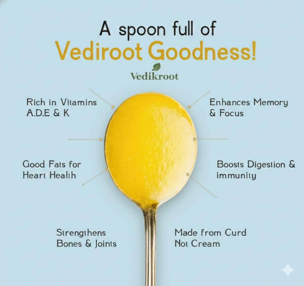 Vedik Root-2 A2 Desi Ghee 1kg Jar | Pure Bilona Cow Ghee from Desi Cow Milk | Traditional Bilona Method | 100% Natural Chemical Free Ghee | Premium Glass Jar Packaging