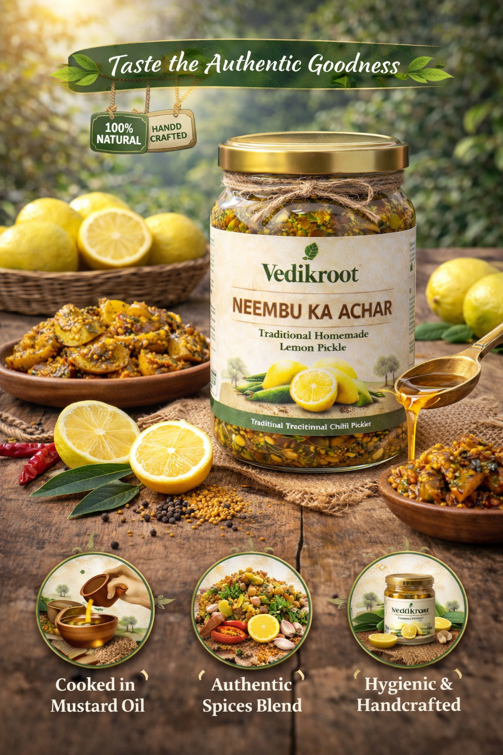 Jar of Neembu ka Achar (Indian lemon pickle) with seasoned lemon pieces and traditional spices, homemade?style and naturally prepared with no artificial preservatives.