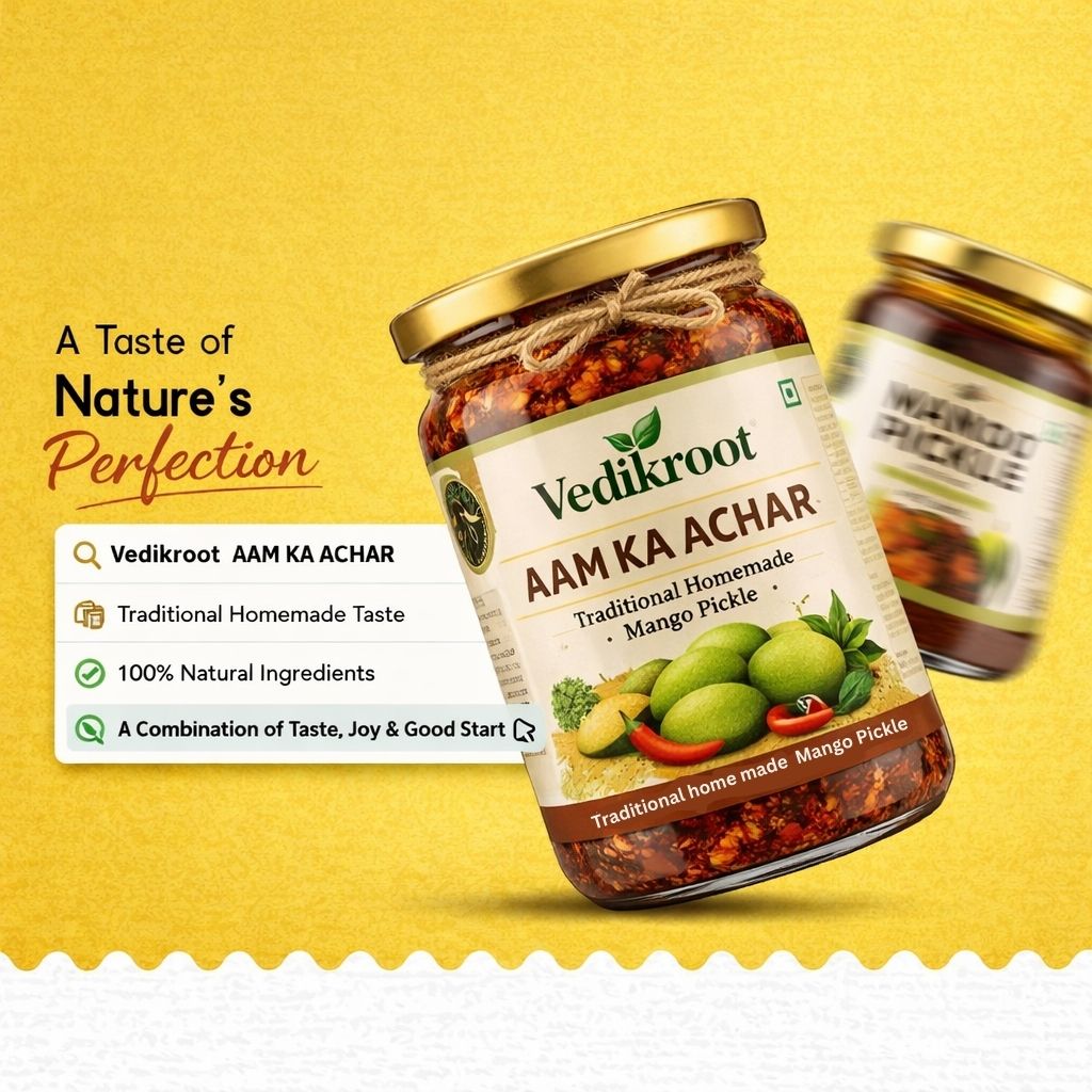 Vedik Root Organic Aam Ka Achar Homemade | Traditional Indian Mango Pickle | Sun Dried Achar | Made from Homegrown Mangoes | No Preservatives | Authentic Village Style Pickle
