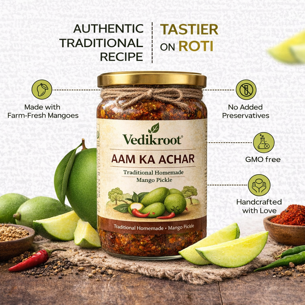 Vedik Root Organic Aam Ka Achar | Homemade Traditional Indian Mango Pickle | Sun-Dried Mango Achar | Made From Homegrown Mangoes | No Preservatives Authentic Pickle