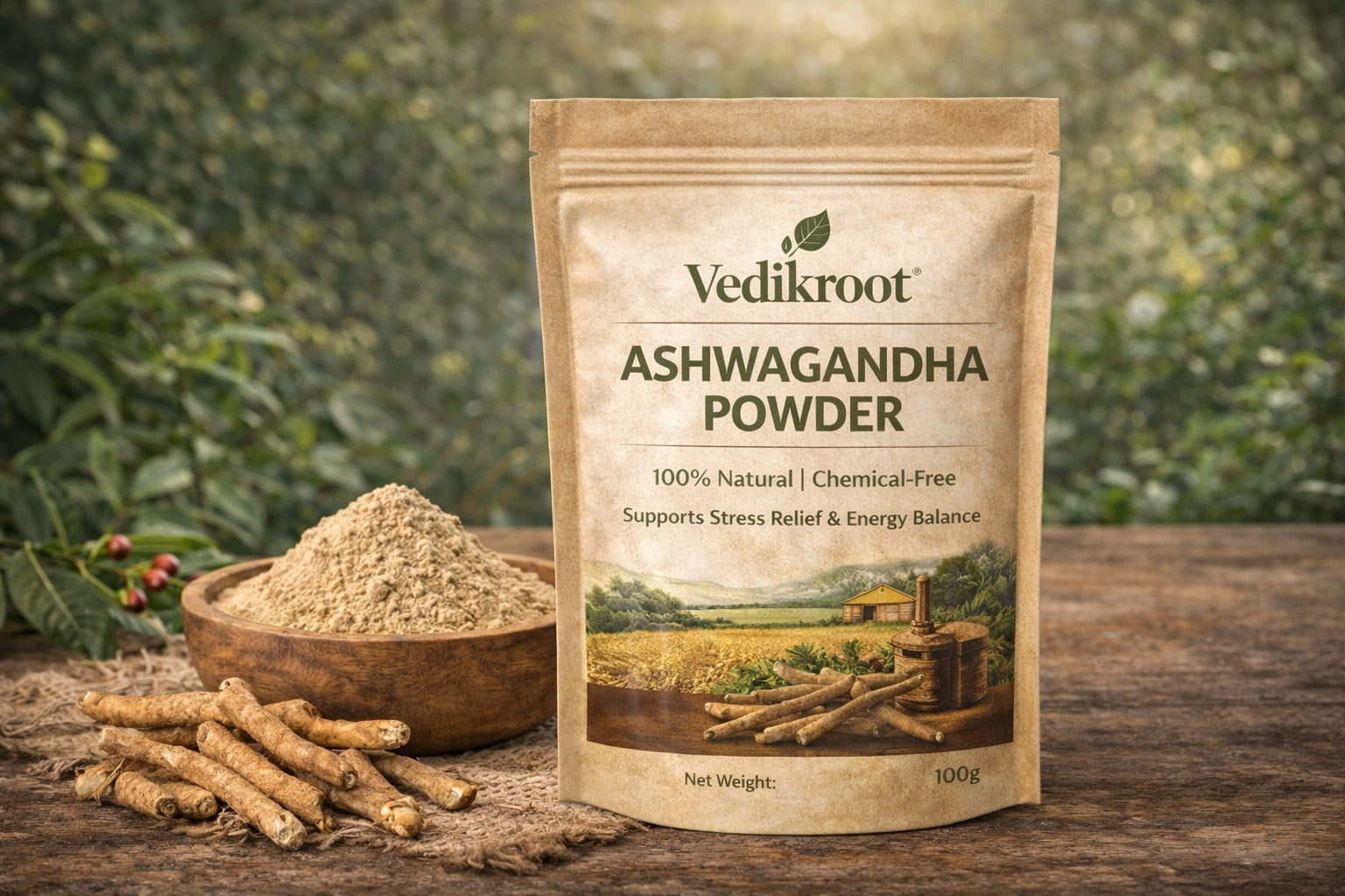 Vedik Root Ashwagandha Powder – 100% Pure & Natural Ashwagandha Root Powder | Supports Stress Relief, Energy & Stamina | Ayurvedic Adaptogen | Chemical-Free