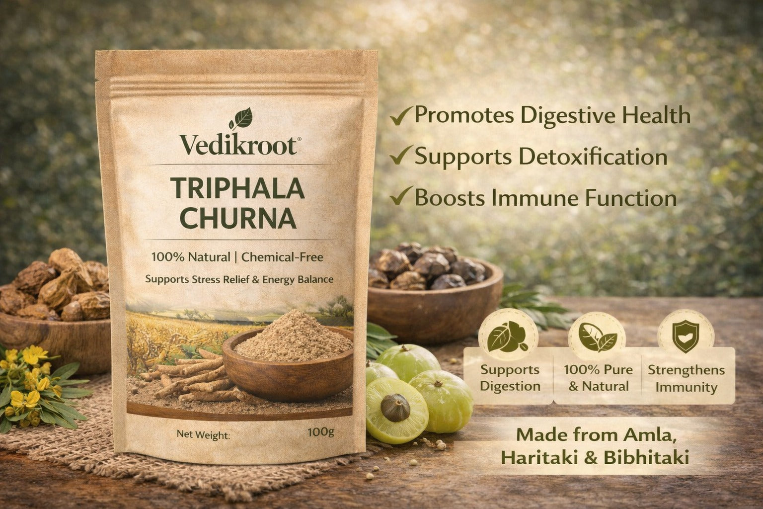 Vedik Root Triphala Churna – 100% Pure & Natural Ayurvedic Powder | Made from Amla, Haritaki & Bibhitaki | Supports Digestion, Detox & Immunity | Chemical-Free
