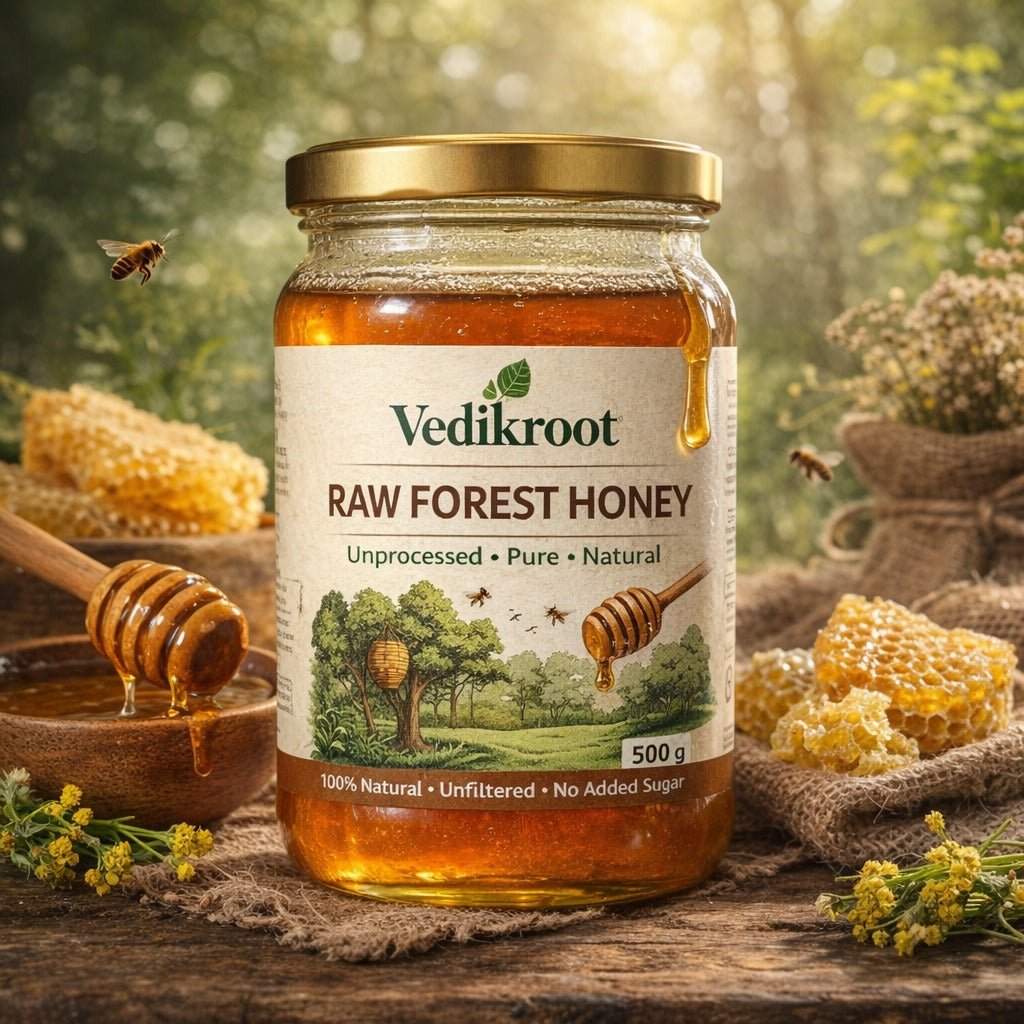 Vedik Root Raw Forest Honey 500g Jar | Unprocessed Unfiltered Natural Honey | Forest Honey with Honeycomb | No Added Sugar | Pure Organic Honey for Immunity