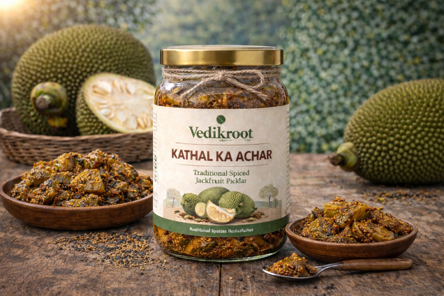 Vedik Root Kathal Ka Achar – traditional Indian jackfruit pickle in a glass jar, homemade-style spiced kathal achar, naturally prepared with no artificial preservatives.