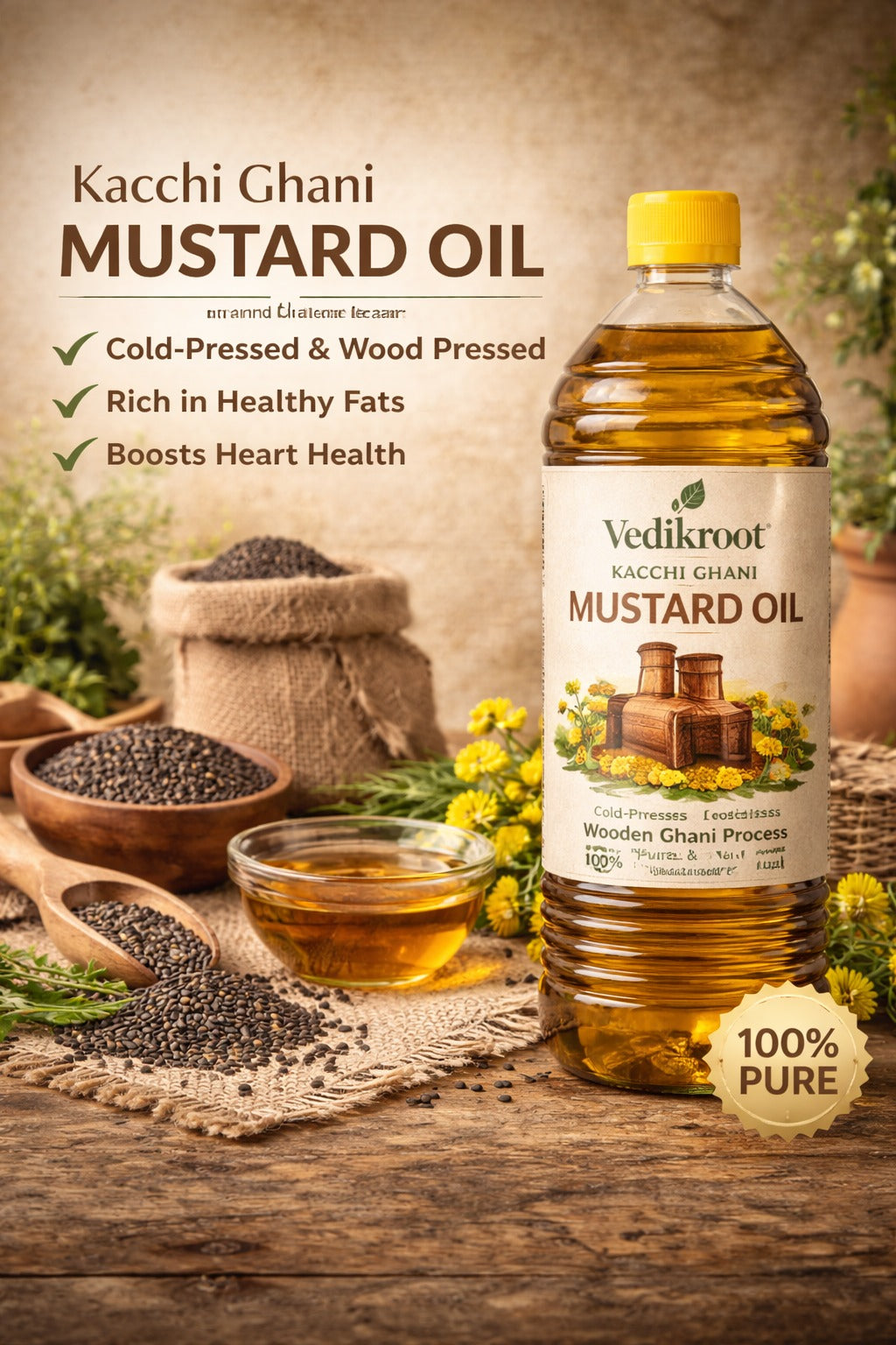 Vedik Root Organic Cold Pressed Mustard Oil | Kacchi Ghani Mustard Oil for Cooking | Natural Traditional Indian Oil | No Chemicals | Healthy Heart-Friendly Oil