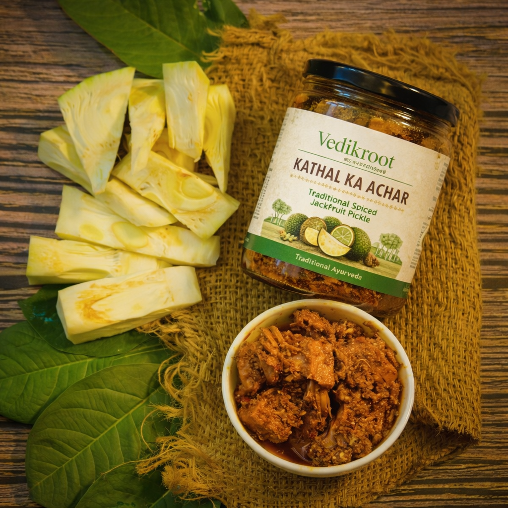 Organic Kathal Ka Achar in a glass jar, traditional Indian jackfruit pickle made in homemade style with natural spices and no artificial preservatives.